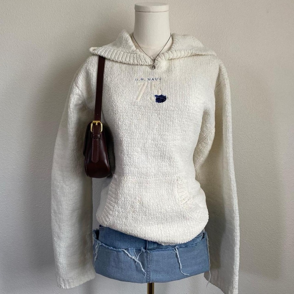 Vintage Y2K US Navy Embroidered Cream Knit Hoodie Oversized Fluffy